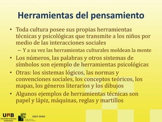 Herramientas del pensamiento
   Herramientas del pensamiento
• Toda cultura posee sus propias herramientas 
  técnicas y psicológicas que transmite a los niños por 
  té i         i ló i         t     it l       iñ
  medio de las interacciones sociales
   – Y a su vez las herramientas culturales moldean la mente
• Los números, las palabras y otros sistemas de 
  símbolos son ejemplo de herramientas psicológicas
• Otras: los sistemas lógicos, las normas y 
  convenciones sociales, los conceptos teóricos, los 
  mapas, los géneros literarios y los dibujos
  mapas, los géneros literarios y los dibujos
• Algunos ejemplos de herramientas técnicas son 
  papel y lápiz, máquinas, reglas y martillos

         2007-2009
 