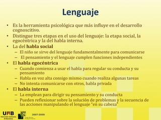 Lenguaje
• Es la herramienta psicológica que más influye en el desarrollo 
  cognoscitivo.
• Di i
  Distingue tres etapas en el uso del lenguaje: la etapa social, la 
                             l    d ll      j l             i l l
  egocéntrica y la del habla interna.
• La del habla social
    – El niño se sirve del lenguaje fundamentalmente para comunicarse
      El niño se sirve del lenguaje fundamentalmente para comunicarse
    – El pensamiento y el lenguaje cumplen funciones independientes
• El habla egocéntrica
    – Cuando comienza a usar el habla para regular su conducta y su
      Cuando comienza a usar el habla para regular su conducta y su 
      pensamiento
    – Habla en voz alta consigo mismo cuando realiza algunas tareas
    – No intenta comunicarse con otros, habla privada
                                              p
• El habla interna
    – La emplean para dirigir su pensamiento y su conducta
    – Pueden reflexionar sobre la solución de problemas y la secuencia de 
      las acciones manipulando el lenguaje “en su cabeza”
      l      i        i l d ll           j “        b ”

            2007-2009
 