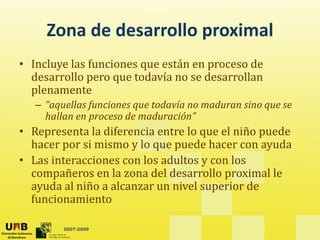 Zona de desarrollo proximal
     Zona de desarrollo proximal
• Incluye las funciones que están en proceso de 
       y                q            p
  desarrollo pero que todavía no se desarrollan 
  plenamente
   –“
    “aquellas funciones que todavía no maduran sino que se 
          ll f    i         t d í        d      i
    hallan en proceso de maduración”
• Representa la diferencia entre lo que el niño puede 
    p                               q           p
  hacer por si mismo y lo que puede hacer con ayuda
• Las interacciones con los adultos y con los 
  compañeros en la zona del desarrollo proximal le 
  compañeros en la ona del desarrollo pro imal le
  ayuda al niño a alcanzar un nivel superior de 
  funcionamiento

         2007-2009
 
