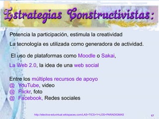 17
Potencia la participación, estimula la creatividad
La tecnología es utilizada como generadora de actividad.
El uso de plataformas como Moodle o Sakai,
La Web 2.0, la idea de una web social
http://electiva-eduvirtual.wikispaces.com/LAS+TICS+Y+LOS+PARADIGMAS
Entre los múltiples recursos de apoyo
@ YouTube, video
@ Flickr, foto
@ Facebook, Redes sociales
 