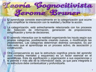 @ El aprendizaje consiste esencialmente en la categorización que ocurre
para simplificar la interacción con la realidad y facilitar la acción.
@ La categorización, está estrechamente relacionada con los procesos
de: Selección de información, generación de proposiciones,
simplificación y toma de decisiones.
@ El aprendiz interactúa con la realidad organizando los inputs según sus
propias categorías, posiblemente creando nuevas, o modificando las
preexistentes. Las categorías determinan distintos conceptos. Es por
todo esto que el aprendizaje es un proceso activo, de asociación y
construcción.
@ Otra consecuencia es que la estructura cognitiva previa del aprendiz
(sus modelos mentales y esquemas) es un factor esencial en el
aprendizaje. Ésta da significación y organización a sus experiencias y
le permite ir más allá de la información dada, ya que para integrarla a
su estructura debe contextualizar y profundizarla.
7
 