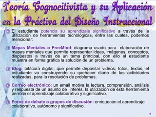 @ El estudiante potencia su aprendizaje significativo a través de la
utilización de herramientas tecnológicas, entre las cuales, podemos
mencionar:
@ Mapas Mentales o FreeMind: diagrama usado para elaboración de
mapas mentales que permite representar ideas, imágenes, conceptos,
dispuestos a través de un tema principal, con ello el estudiante
muestra en forma gráfica la solución de un problema.
@ Blog: bitácora digital, que permite depositar videos, fotos, textos, el
estudiante va construyendo su quehacer diario de las actividades
realizadas, para la resolución de problemas.
@ Correo electrónico: un email motiva la lectura, comprensión, análisis
y respuesta de un asunto de interés, la utilización de ésta herramienta
permite el aprendizaje colaborativo y significativo.
@ Foros de debate o grupos de discusión: enriquecen el aprendizaje
colaborativo, autónomo y significativo.
9
 