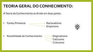 TEORIA GERAL DO CONHECIMENTO:
ATeoria do Conhecimento se divide em duas partes:
• Fontes Primeiras Racionalismo
Empirismo
• Possibilidade de Conhecimento: Dogmatismo
Ceticismo
Criticismo
 