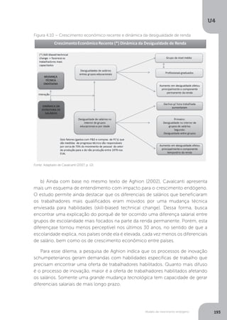Modelo de crescimento endógeno
U4
193
Fonte: Adaptado de Cavalcanti (2007, p. 12).
Figura 4.10 – Crescimento econômico recente e dinâmica da desigualdade de renda
b) Ainda com base no mesmo texto de Aghion (2002), Cavalcanti apresenta
mais um esquema de entendimento com impacto para o crescimento endógeno.
O estudo permite ainda destacar que os diferenciais de salários que beneficiaram
os trabalhadores mais qualificados eram movidos por uma mudança técnica
enviesada para habilidades (skill-biased technical change). Dessa forma, busca
encontrar uma explicação do porquê de ter ocorrido uma diferença salarial entre
grupos de escolaridade mais focados na parte da renda permanente. Porém, esta
diferençase tornou menos perceptível nos últimos 30 anos, no sentido de que a
escolaridade explica, nos países onde ela é elevada, cada vez menos os diferenciais
de salário, bem como os de crescimento econômico entre países.
Para esse dilema, a pesquisa de Aghion indica que os processos de inovação
schumpeterianos geram demandas com habilidades específicas de trabalho que
precisam encontrar uma oferta de trabalhadores habilitados. Quanto mais difuso
é o processo de inovação, maior é a oferta de trabalhadores habilitados afetando
os salários. Somente uma grande mudança tecnológica tem capacidade de gerar
diferenciais salariais de mais longo prazo.
 