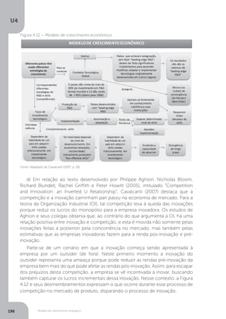 Modelo de crescimento endógeno
U4
196
Fonte: Adaptado de Cavalcanti (2007, p. 18).
Figura 4.12 – Modelo de crescimento econômico
d) Em relação ao texto desenvolvido por Philippe Aghion, Nicholas Bloom,
Richard Blundell, Rachel Griffith e Peter Howitt (2005), intitulado “Competition
and Innovation: an Inverted U Relationship”, Cavalcanti (2007) destaca que a
competição e a inovação caminham pari passu na economia de mercado. Para a
teoria da Organização Industrial (OI), tal competição leva à queda das inovações
porque reduz os lucros do monopólio para a empresa inovadora. Os estudos de
Aghion e seus colegas observa que, ao contrário do que argumenta a OI, há uma
relação positiva entre inovação e competição, e esta é movida não somente pelas
inovações feitas a posteriori pela concorrência no mercado, mas também pelas
estimativas que as empresas inovadoras fazem para a renda pós-inovação e pré-
inovação.
Parte-se de um cenário em que a inovação começa sendo apresentada à
empresa por um outsider (de fora). Neste primeiro momento a inovação do
outsider representa uma ameaça porque pode reduzir as rendas pré-inovação da
empresa bem mais do que pode afetar as rendas pós-inovação. Assim, para escapar
dos prejuízos desta competição, a empresa se vê incentivada a inovar, buscando
também capturar os lucros incrementais dessa inovação. Nesse contexto, a Figura
4.12 e seus desmembramentos expressam o que ocorre durante esse processo de
competição no mercado de produto, disparando o processo de inovação.
 