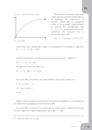 Modelo Solow
U1
29
Obviamente o montante reserva de
capital vai estar sempre na dependência
da evolução do investimento, e
também obviamente na propensão
média a ser poupada, especialmente
se levar-se em consideração que
Y = C + I e se dividirem-se os dois
elementos da equação por L,
assumindo assim que:
(1) y = c + i, em que c = C/L e i = I/L.
Assumindo que a propensão média a ser poupada é considerada b, logo terá:
C4
= Y – S = Y – bY = (1-b) Y.
E ainda, se dividirem-se os dois elementos da equação por L, obtêm-se:
(2)	 c = y –s = (1 – b) y
Ao substituir (2) em (1), obtém-se:
(3)	 y = (1 – b)y + i = y – by +i.
Por outro lado, ao subtrair y de cada membro da equação, obtém-se::
y – y = y – by + i – y
0 = - by + i⇔ by = i
i = by
Dessa maneira, qualquer investimento por pessoa é igualitário a uma proporção
do rendimento poupado por este (SOUSA, 2009).
Por outro lado, ao buscar um incremento no investimento, a reserva de estoque
terá que suplantar o capital depreciado, isto é, ΔK5
= I + δK.
Fonte: Sousa (2009).
Figura 1 – Rendimento per capita.
f(K)
K
0
Y
4
b = propensão média a ser poupada.
 