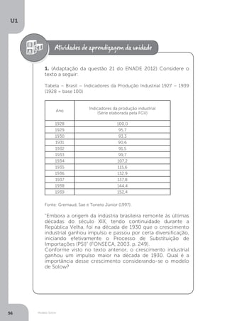 Modelo Solow
U1
56
1. (Adaptação da questão 21 do ENADE 2012) Considere o
texto a seguir:
Tabela – Brasil – Indicadores da Produção Industrial 1927 – 1939
(1928 = base 100)
	
Fonte: Gremaud, Sae e Toneto Júnior (1997).
"Embora a origem da indústria brasileira remonte às últimas
décadas do século XIX, tendo continuidade durante a
República Velha, foi na década de 1930 que o crescimento
industrial ganhou impulso e passou por certa diversificação,
iniciando efetivamente o Processo de Substituição de
Importações (PSI)" (FONSECA, 2003. p. 249).
Conforme visto no texto anterior, o crescimento industrial
ganhou um impulso maior na década de 1930. Qual é a
importância desse crescimento considerando-se o modelo
de Solow?
Ano
Indicadores da produção industrial
(Série elaborada pela FGV)
1928 100,0
1929 95,7
1930 93,3
1931 90,6
1932 91,5
1933 99,7
1934 107,2
1935 115,6
1936 132,9
1937 137,8
1938 144,4
1939 152,4
 