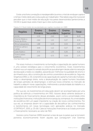 Modelo de Romer
U2
83
Existe uma forte correlação e interdependência entre o nível de renda per capita e
o tempo médio dedicado à educação por trabalhador. Pela tabela seguinte é possível
perceber que o nível médio de educação nos países desenvolvidos (pertencentes à
OCDE) é quase duas vezes maior que o dos outros países.
Por esses motivos o investimento na formação e capacitação de capital humano
é uma variável estratégica para o crescimento econômico. Esses investimentos
referem-se a um espectro variado de políticas que abrangem desde a democratização
da educação a todos os cidadãos, passando por melhorias na qualidade de ensino e
da infraestrutura, até a constituição de centros universitários de excelência. Segundo
Shigehara(1992,p.22),osbenefíciosdacapacitaçãodocapitalhumanosãomúltiplos:
reduz o desemprego direto, evita a desatualização do capital humano (resultado
de longos períodos de desemprego), e estimula novos entrantes no mercado de
trabalho a adquirir novas capacitações, melhorando a produtividade do trabalho e a
capacidade de crescimento de longo prazo.
Por sua vez, os investimentos em educação devem ser acompanhados por uma
política de estímulo a investimentos em P&D. Autores dessa vertente destacam a
importância do financiamento dessas atividades, assim como a proximidade entre
instituiçõesfinanceiras,instituiçõesdeensinoepesquisa,eempresas.Asuniversidades
de excelência têm um papel importante na criação de novos conhecimentos. Por
sua vez, as empresas devem ter a capacidade de decodificar tais conhecimentos
e transformá-los em novas tecnologias com aplicações práticas no mercado
(CORTRIGHT, 2001, p. 25-26). Cabe às instituições financeiras e ao Estado promover
o financiamento necessário ao setor de P&D.
Autores como Freeman (1995) levantam a tese de que os países que se tornaram
pioneiros economicamente foram aqueles que conseguiram criar Sistemas
Regiões
Ensino
Primário
Ensino
Secundário
Ensino
Superior
Total
OCDE 5,35 2,45 0,49 8,29
Oriente Médio e
Norte da África
2,82 1,21 0,27 4,30
África Subsaariana 1,88 0,29 0,03 2,20
América Latina e
Caribe
3,49 1,12 0,27 4,88
Leste Asiático 3,72 1,33 0,26 5,31
Outros países
asiáticos
1,92 0,71 0,08 2,71
Fonte: Barro (1992, p. 201).
Tabela 2.4: Nível médio de escolaridade por regiões mundiais em 1985
 