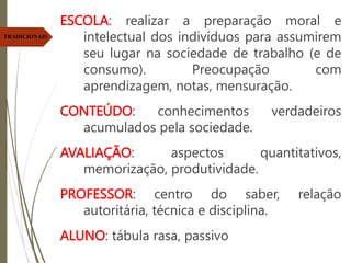 ESCOLA: realizar a preparação moral e
intelectual dos indivíduos para assumirem
seu lugar na sociedade de trabalho (e de
consumo). Preocupação com
aprendizagem, notas, mensuração.
CONTEÚDO: conhecimentos verdadeiros
acumulados pela sociedade.
AVALIAÇÃO: aspectos quantitativos,
memorização, produtividade.
PROFESSOR: centro do saber, relação
autoritária, técnica e disciplina.
ALUNO: tábula rasa, passivo
TRADICIONAIS
 