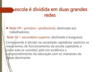 A escola é dividida em duas grandes
redes
 Rede PP= primário =profissional, destinada aos
trabalhadores;
Rede SS = secundário superior, destinada à burguesia
Corresponde à divisão na sociedade capitalista; explicita os
mecanismos de funcionamento da escola capitalista e
como esta se constitui; põe em evidência o
comprometimento da educação com os interesses da
classe dominante
 