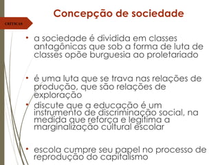 Concepção de sociedade
• a sociedade é dividida em classes
antagônicas que sob a forma de luta de
classes opõe burguesia ao proletariado
• é uma luta que se trava nas relações de
produção, que são relações de
exploração
• discute que a educação é um
instrumento de discriminação social, na
medida que reforça e legitima a
marginalização cultural escolar
• escola cumpre seu papel no processo de
reprodução do capitalismo
CRÍTICAS
 