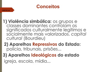 1) Violência simbólica: os grupos e
classes dominantes controlam os
significados culturalmente legítimos e
socialmente mais valorizados. capital
cultural (Bourdieu)
2) Aparelhos Repressivos do Estado:
polícia, tribunais, prisões...
3) Aparelhos Ideológicos do estado
igreja, escola, mídia...
Conceitos
CRÍTICAS
 