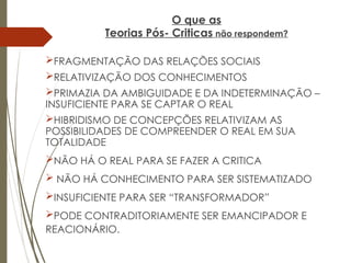 O que as
Teorias Pós- Criticas não respondem?
FRAGMENTAÇÃO DAS RELAÇÕES SOCIAIS
RELATIVIZAÇÃO DOS CONHECIMENTOS
PRIMAZIA DA AMBIGUIDADE E DA INDETERMINAÇÃO –
INSUFICIENTE PARA SE CAPTAR O REAL
HIBRIDISMO DE CONCEPÇÕES RELATIVIZAM AS
POSSIBILIDADES DE COMPREENDER O REAL EM SUA
TOTALIDADE
NÃO HÁ O REAL PARA SE FAZER A CRITICA
 NÃO HÁ CONHECIMENTO PARA SER SISTEMATIZADO
INSUFICIENTE PARA SER “TRANSFORMADOR”
PODE CONTRADITORIAMENTE SER EMANCIPADOR E
REACIONÁRIO.
 