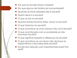  Por que as escolas foram criadas?
 Em que época da história da humanidade?
 Quando se inicia (idade)a ida à escola?
 Quem deve ir a escola?
 O que se faz na escola?
 Quanto tempo ficamos (dias, anos) na escola?
 O que fazemos na escola?
 O que acontece se uma criança não vai à escola?
 O que aconteceria com a sociedade se não
houvesse escola?
 O que significa respeito à diferença na escola?
 O que acontece se um aluno não alcança as
expectativas colocadas pela escola?
 Escola tem relação com indústria/mercado? Por
quê?
 