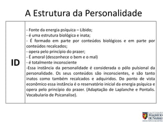 A Estrutura da Personalidade
ID
- Fonte da energia psíquica – Libido;
- é uma estrutura biológica e inata;
- É formado em parte por conteúdos biológicos e em parte por
conteúdos recalcados;
- opera pelo princípio do prazer;
- É amoral (desconhece o bem e o mal)
- é totalmente inconsciente
-Essa instância da personalidade é considerada o pólo pulsional da
personalidade. Os seus conteúdos são inconscientes, e são tanto
inatos como também recalcados e adquiridos. Do ponto de vista
econômico essa instância é o reservatório inicial da energia psíquica e
opera pelo princípio do prazer. (Adaptação de Laplanche e Pontalis.
Vocabulario de Psicanalise).
 