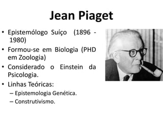Jean Piaget
• Epistemólogo Suíço (1896 -
1980)
• Formou-se em Biologia (PHD
em Zoologia)
• Considerado o Einstein da
Psicologia.
• Linhas Teóricas:
– Epistemologia Genética.
– Construtivismo.
 