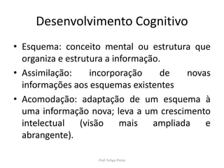 Desenvolvimento Cognitivo
• Esquema: conceito mental ou estrutura que
organiza e estrutura a informação.
• Assimilação: incorporação de novas
informações aos esquemas existentes
• Acomodação: adaptação de um esquema à
uma informação nova; leva a um crescimento
intelectual (visão mais ampliada e
abrangente).
Prof. Felipe Pinho
 