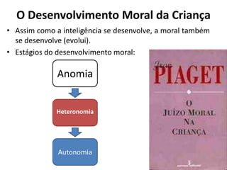 O Desenvolvimento Moral da Criança
• Assim como a inteligência se desenvolve, a moral também
se desenvolve (evolui).
• Estágios do desenvolvimento moral:
Anomia
Heteronomia
Autonomia
 