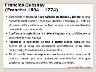 Francios Quesnay
(Francés: 1694 – 1774)
 Sistematiza y gráfica El Flujo Circular de Bienes y Dinero en una
  economía ideal, Cuadro Económico (Tableau Economique ). Este es
  el primer análisis sistemático del flujo de riqueza el que asentara las
  bases de la macroeconomía.
 Confiere a la agricultura la máxima importancia, confiriéndole la
  capacidad de crear riqueza.
 Reconoce la existencia de tres o cuatro clases sociales: los
  dueños de la tierra, los agricultores arrendatarios (única clase
  productiva), y los industriales y comerciantes.
 Afirmó que la tierra corresponde a los terratenientes, pero que el
  producto creado por esos agricultores arrendatarios tiene que
  satisfacer las necesidades de las tres clases existentes.
                                                     Econ: Luís Alfredo Gómez Rodríguez
 