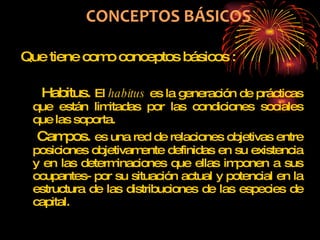 Que tiene como conceptos básicos :  Habitus.   El  habitus  es la generación de prácticas que están limitadas por las condiciones sociales que las soporta.  Campos.  es una red de relaciones objetivas entre posiciones objetivamente definidas en su existencia y en las determinaciones que ellas imponen a sus ocupantes- por su situación actual y potencial en la estructura de las distribuciones de las especies de capital. 