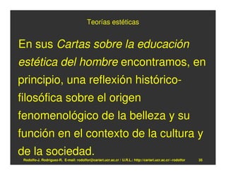 Teorías estéticas


En sus Cartas sobre la educación
estética del hombre encontramos, en
principio, una reflexión histórico-
filosófica sobre el origen
fenomenológico de la belleza y su
función en el contexto de la cultura y
de la sociedad.
 Rodolfo-J. Rodríguez-R. E-mail: rodolfor@cariari.ucr.ac.cr / U.R.L.: http://cariari.ucr.ac.cr/~rodolfor   35
 