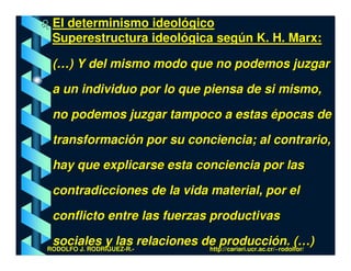 El determinismo ideológico
 Superestructura ideológica según K. H. Marx:

 (…) Y del mismo modo que no podemos juzgar

 a un individuo por lo que piensa de si mismo,

 no podemos juzgar tampoco a estas épocas de

 transformación por su conciencia; al contrario,

 hay que explicarse esta conciencia por las

 contradicciones de la vida material, por el

 conflicto entre las fuerzas productivas

 sociales y las relaciones de producción. (…)
RODOLFO J. RODRÍGUEZ-R.-    http://cariari.ucr.ac.cr/~rodolfor/
 