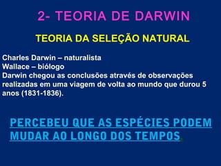 2- TEORIA DE DARWIN
TEORIA DA SELEÇÃO NATURAL
Charles Darwin – naturalista
Wallace – biólogo
Darwin chegou as conclusões através de observações
realizadas em uma viagem de volta ao mundo que durou 5
anos (1831-1836).
PERCEBEU QUE AS ESPÉCIES PODEM
MUDAR AO LONGO DOS TEMPOS.
 