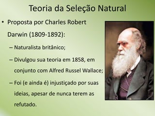Teoria da Seleção Natural
• Proposta por Charles Robert
Darwin (1809-1892):
– Naturalista britânico;
– Divulgou sua teoria em 1858, em
conjunto com Alfred Russel Wallace;
– Foi (e ainda é) injustiçado por suas
ideias, apesar de nunca terem as
refutado.
 