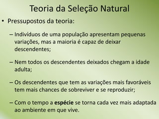 Teoria da Seleção Natural
• Pressupostos da teoria:
– Indivíduos de uma população apresentam pequenas
variações, mas a maioria é capaz de deixar
descendentes;
– Nem todos os descendentes deixados chegam a idade
adulta;
– Os descendentes que tem as variações mais favoráveis
tem mais chances de sobreviver e se reproduzir;
– Com o tempo a espécie se torna cada vez mais adaptada
ao ambiente em que vive.
 