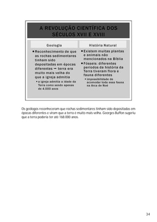 Os geólogos reconheceram que rochas sedimentares tinham sido depositadas em
épocas diferentes e viram que a terra é muito mais velha. Georges Buffon sugeriu
que a terra poderia ter até 168.000 anos.
34
 
