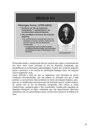Procurando atingir a compreensão das leis naturais que regem o funcionamento
dos seres vivos Cuvier formulou as leis da Anatomia Comparada, que
possibilitaram as reconstruções paleontológicas. A partir daí, os fósseis poderiam
passar a pertencer a um sistema de classificação biológica único, em conjunto
com os organismos vivos.
Cuvier defendia a ideia de que os organismos eram formados de partes
complexas interrelacionadas, que não podiam ser alteradas sem que o todo
perdesse a sua harmonia. Não acreditava na Teoria da Evolução Orgânica, pois ,
para ele, as modificações necessárias para tal fenômeno ocorrer, seriam inviáveis,
de acordo com as leis da Anatomia Comparada. Para refutar as ideias
transformistas, comparou gatos e Ibis mumificados, trazidos pela expedição de
Napoleão Bonaparte ao Egito, concluindo que não apresentavam diferenças
anatômicas com os representantes atuais, mesmo com o decorrer de milhares de
anos.
47
 