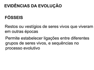 EVIDÊNCIAS DA EVOLUÇÃO

FÓSSEIS

Restos ou vestígios de seres vivos que viveram
em outras épocas
Permite estabelecer ligações entre diferentes
grupos de seres vivos, e sequências no
processo evolutivo
 