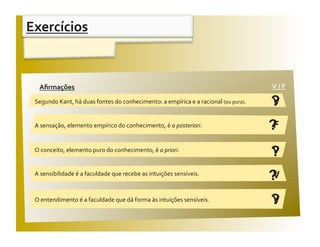 Exercícios 


 Aﬁrmações                                                                            V / F 
  Aﬁrmações                                                                            V / F 

 Segundo Kant, há duas fontes do conhecimento: a empírica e a racional (ou pura).      ?
                                                                                       V

 A sensação, elemento empírico do conhecimento, é a posteriori.                       ?F

 O conceito, elemento puro do conhecimento, é a priori. 
                                                                                       ?
                                                                                       V

 A sensibilidade é a faculdade que recebe as intuições sensíveis. 
                                                                                      ?V

 O entendimento é a faculdade que dá forma às intuições sensíveis.                     ?
                                                                                       V
 