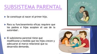 SUBSISTEMA PARENTAL
 Se constituye al nacer el primer hijo.
 Para su funcionamiento eficaz requiere que
los padres e hijos acepten el uso de la
autoridad .
 El subsistema parental tiene que
modificarse a medida que los hijos crecen y
adecuarse al marco relacional que su
desarrollo demanda.
 