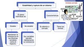 Estabilidad y ruptura de un sistema
El plano
individual es:
Estable
Mantienen la
constancia en
sus diversas
variables
como el
espacio.
No estable
Sus variables
pierden
rápidamente
su constancia
Características
Es abierto o
cerrado
Tiene sus
limites
 
