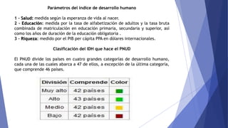 Parámetros del índice de desarrollo humano
1 - Salud: medida según la esperanza de vida al nacer.
2 - Educación: medida por la tasa de alfabetización de adultos y la tasa bruta
combinada de matriculación en educación primaria, secundaria y superior, así
como los años de duración de la educación obligatoria .
3 - Riqueza: medido por el PIB per cápita PPA en dólares internacionales.
Clasificación del IDH que hace el PNUD
El PNUD divide los países en cuatro grandes categorías de desarrollo humano,
cada una de las cuales abarca a 47 de ellos, a excepción de la última categoría,
que comprende 46 países.
 