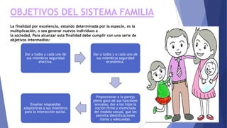 OBJETIVOS DEL SISTEMA FAMILIA
La finalidad por excelencia, estando determinada por la especie, es la
multiplicación, o sea generar nuevos individuos a
la sociedad. Para alcanzar esta finalidad debe cumplir con una serie de
objetivos intermedios:
Dar a todos y cada uno de
sus miembros seguridad
afectiva.
Dar a todos y a cada uno de
sus miembros seguridad
económica.
Proporcionar a la pareja
pleno goce de sus funciones
sexuales, dar a los hijos la
noción firme y vivenciada
del modelo sexual, que les
permita identificaciones
claras y adecuadas.
Enseñar respuestas
adaptativas a sus miembros
para la interacción social.
 