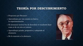 TEORÍA POR DESCUBRIMIENTO
o Propuesta por Brunner
o Aprendizaje por uno mismo en base a
la experimentación
o El alumno/a (activo) ha de descubrir el resultado final
como si de un reto se tratara.
o Aprendizaje guiado, progresivo y adaptado al
alumno/a.
o De lo concreto a lo abstracto
 