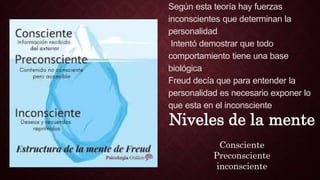 Según esta teoría hay fuerzas
inconscientes que determinan la
personalidad
Intentó demostrar que todo
comportamiento tiene una base
biológica
Freud decía que para entender la
personalidad es necesario exponer lo
que esta en el inconsciente
Niveles de la mente
Consciente
Preconsciente
inconsciente
 