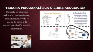 TERAPIA PSICOANALÍTICA O LIBRE ASOCIACIÓN
Consiste en expresar
todos sus pensamientos,
sentimientos y todo lo
que se te viene a la
mente. Asociación con los
elementos.
 