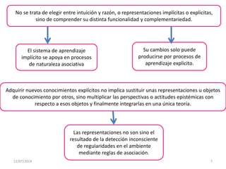 No se trata de elegir entre intuición y razón, o representaciones implícitas o explicitas,
sino de comprender su distinta funcionalidad y complementariedad.
Su cambios solo puede
producirse por procesos de
aprendizaje explicito.
El sistema de aprendizaje
implícito se apoya en procesos
de naturaleza asociativa
Adquirir nuevos conocimientos explícitos no implica sustituir unas representaciones u objetos
de conocimiento por otros, sino multiplicar las perspectivas o actitudes epistémicas con
respecto a esos objetos y finalmente integrarlas en una única teoría.
Las representaciones no son sino el
resultado de la detección inconsciente
de regularidades en el ambiente
mediante reglas de asociación.
12/07/2014 7
 