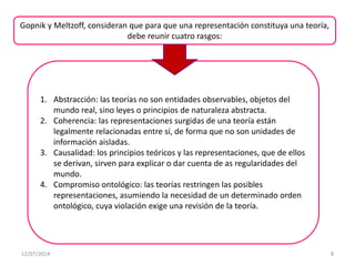 1. Abstracción: las teorías no son entidades observables, objetos del
mundo real, sino leyes o principios de naturaleza abstracta.
2. Coherencia: las representaciones surgidas de una teoría están
legalmente relacionadas entre sí, de forma que no son unidades de
información aisladas.
3. Causalidad: los principios teóricos y las representaciones, que de ellos
se derivan, sirven para explicar o dar cuenta de as regularidades del
mundo.
4. Compromiso ontológico: las teorías restringen las posibles
representaciones, asumiendo la necesidad de un determinado orden
ontológico, cuya violación exige una revisión de la teoría.
Gopnik y Meltzoff, consideran que para que una representación constituya una teoría,
debe reunir cuatro rasgos:
12/07/2014 8
 