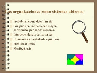 Las organizaciones como sistemas abiertos
 Probabilístico no determinista
 Son parte de una sociedad mayor,
constituida por partes menores.
 Interdependencia de las partes.
 Homeostasis o estado de equilibrio.
 Frontera o limite
 Morfogénesis.
 