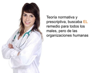 Teoría normativa y prescriptiva, buscaba EL remedio para todos los males, pero de las organizaciones humanas