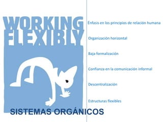 Énfasis en los principios de relación humanaOrganización horizontalBaja formalizaciónConfianza en la comunicación informalDescentralizaciónEstructuras flexiblesSISTEMAS ORGÁNICOS