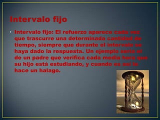 • Intervalo fijo: El refuerzo aparece cada vez
que trascurre una determinada cantidad de
tiempo, siempre que durante el intervalo se
haya dado la respuesta. Un ejemplo sería el
de un padre que verifica cada media hora que
su hijo está estudiando, y cuando es así le
hace un halago.

 