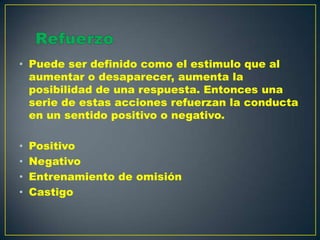 • Puede ser definido como el estimulo que al
aumentar o desaparecer, aumenta la
posibilidad de una respuesta. Entonces una
serie de estas acciones refuerzan la conducta
en un sentido positivo o negativo.
•
•
•
•

Positivo
Negativo
Entrenamiento de omisión
Castigo

 