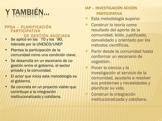 IAP – INVESTIGACIÓN ACCIÓN  PARTICIPATIVA Esta metodología supone: Construir la teoría como resultado del aporte de la comunidad, leído, justificado, convalidado y orientado por los métodos científicos. Partir desde la comunidad hasta conformar un escenario de cogestión. Poner la ciencia y la investigación al servicio de la comunidad, ayudarla a resolver sus problemas y necesidades y planificar su vida. Construir la integración institucionalizada y cotidiana. PPGA – PLANIFICACIÓN PARTICIPATIVA  DE GESTIÓN ASOCIADA Se aplicó en los ´70 y los ´80, liderada por la UNESCO/UNEP Plantea la participación de la comunidad como una condición clave. Se desarrolla en un escenario de co-gestión entre el gobierno, el sector privado y la comunidad. El actor que inicia esta metodología es el gobierno. Se concreta en un proyecto viable que contribuye a la integración institucionalizada y cotidiana. 