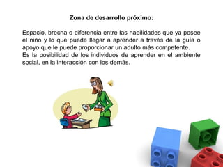 Zona de desarrollo próximo:

Espacio, brecha o diferencia entre las habilidades que ya posee
el niño y lo que puede llegar a aprender a través de la guía o
apoyo que le puede proporcionar un adulto más competente.
Es la posibilidad de los individuos de aprender en el ambiente
social, en la interacción con los demás.
 