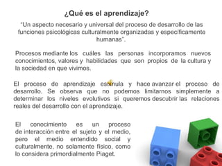 ¿Qué es el aprendizaje?
  “Un aspecto necesario y universal del proceso de desarrollo de las
 funciones psicológicas culturalmente organizadas y específicamente
                              humanas”.

Procesos mediante los cuáles las personas incorporamos nuevos
conocimientos, valores y habilidades que son propios de la cultura y
la sociedad en que vivimos.

El proceso de aprendizaje estimula y hace avanzar el proceso de
desarrollo. Se observa que no podemos limitarnos simplemente a
determinar los niveles evolutivos si queremos descubrir las relaciones
reales del desarrollo con el aprendizaje.

El    conocimiento    es     un   proceso
de interacción entre el sujeto y el medio,
pero el medio entendido social y
culturalmente, no solamente físico, como
lo considera primordialmente Piaget.
 